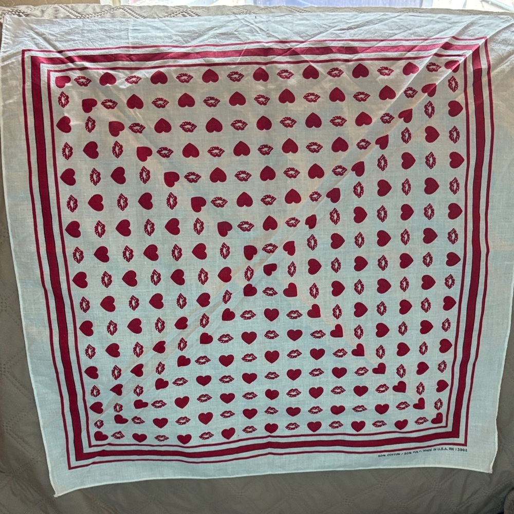 Heart & Kiss Print Bandana Scarf -  Vintage - Made in USA
